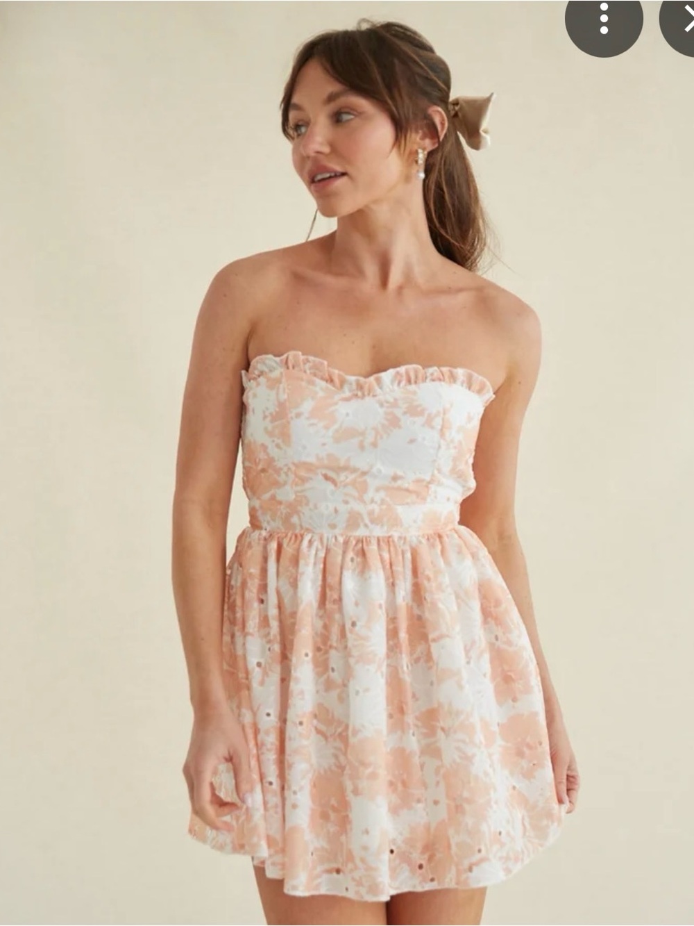 Strapless Peach Floral Eyelet Mini Dress with Ruffle Trim